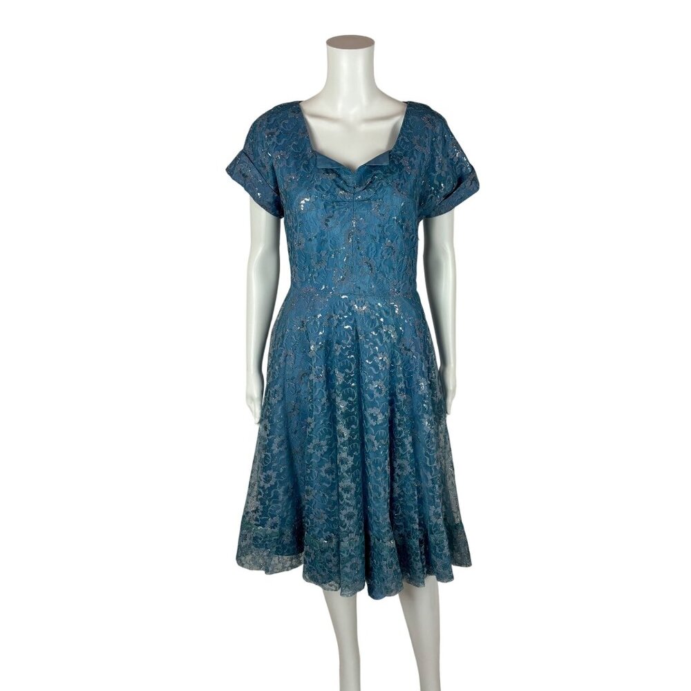 Vintage 50s Lace Dress Women's Small Blue Silver Cinderella Party Fit & Flare - Picture 2 of 11